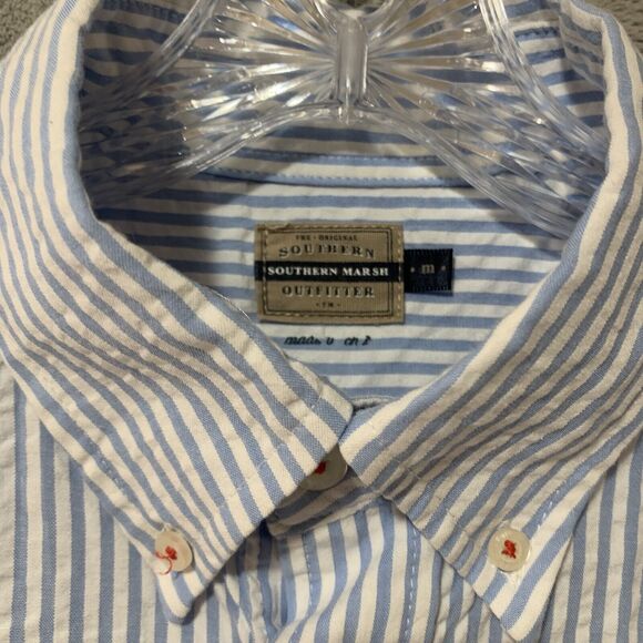 Southern Marsh Shirt Men Sz Medium Seersucker Short Sleeve Button Blue Preppy - Picture 2 of 9